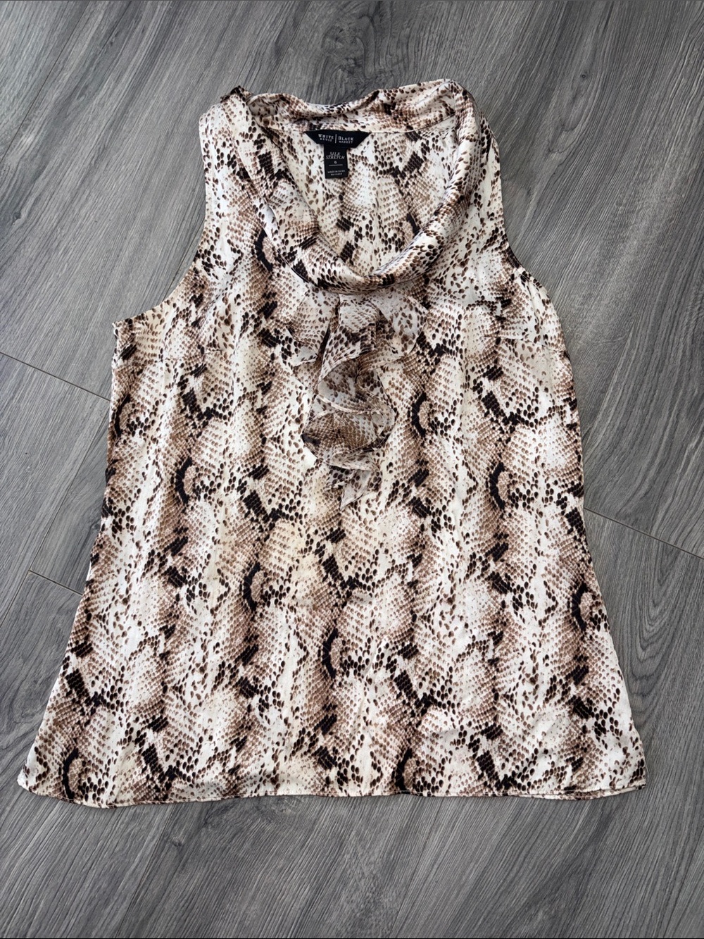 White House Black Market Brown Ivory Snake Print Silk Stretch Top- Size 6